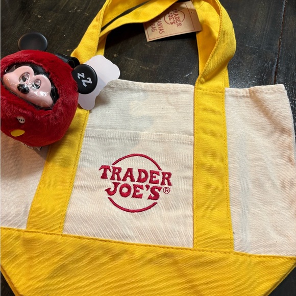 Trader Joe's Yellow and Cream Tote Bag with Miniso Mickey bag Charm - Picture 3 of 6